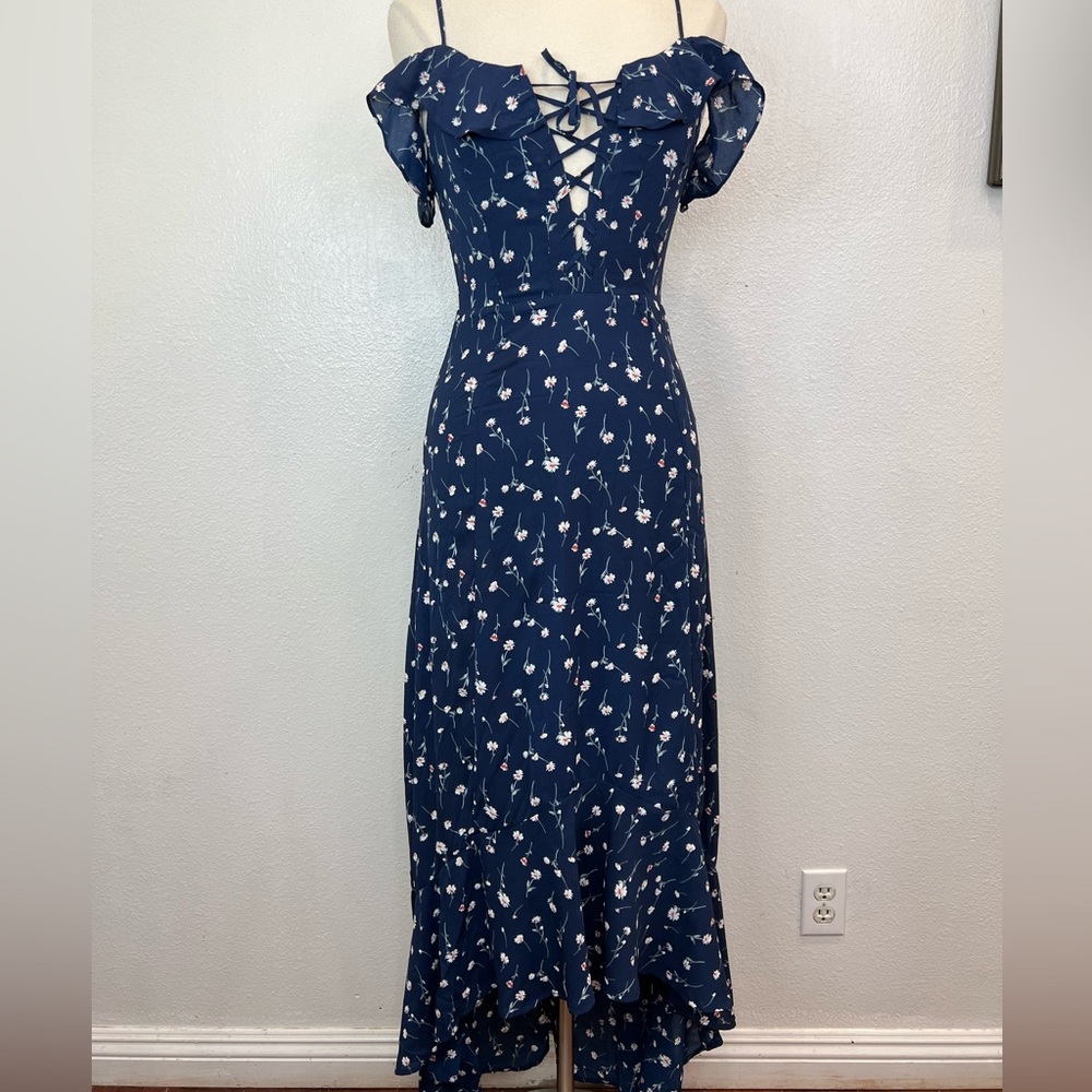 If By Sea Blue Floral Off-the-Shoulder Dress‎ Womens Size XS
